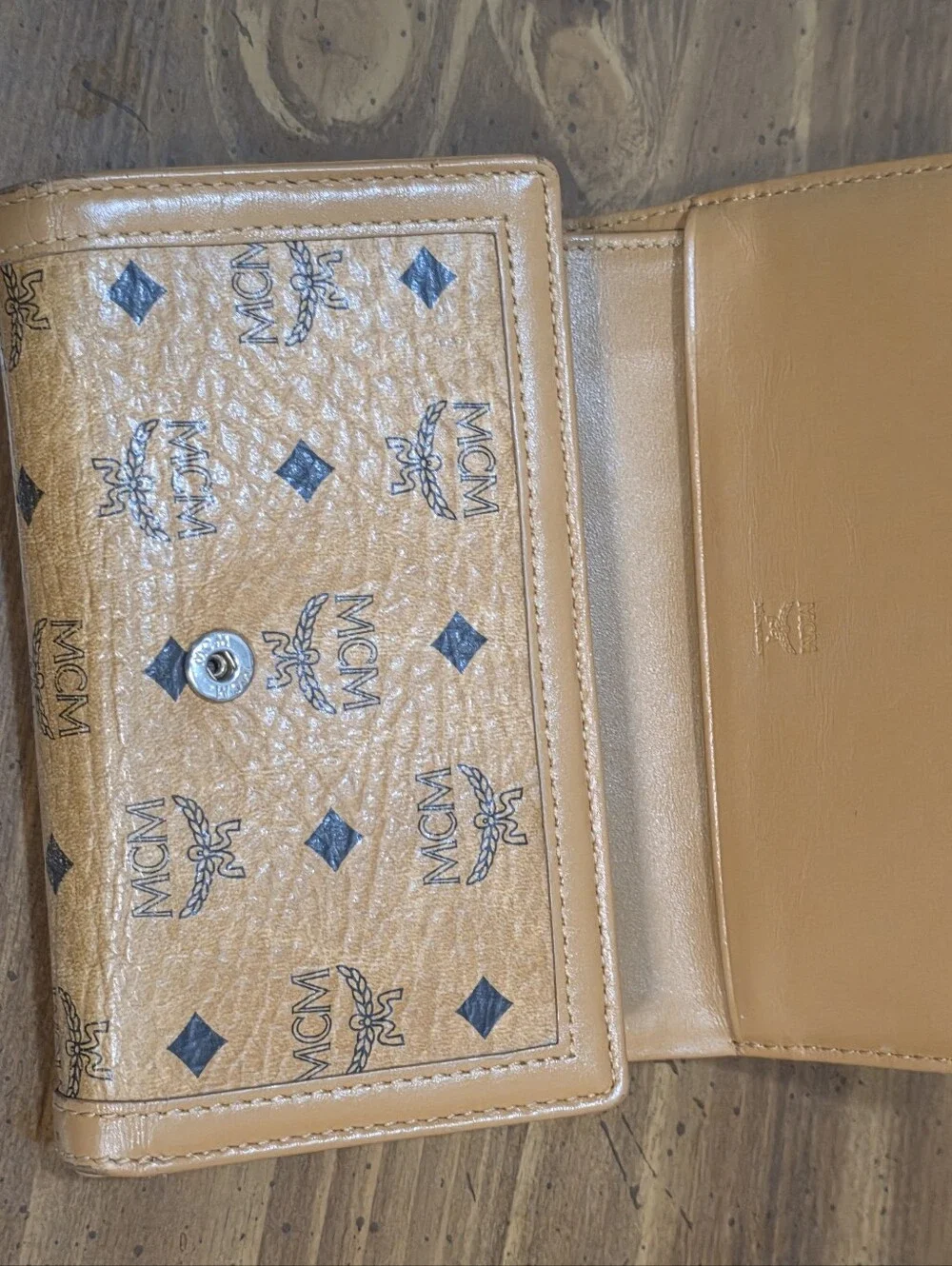 MCM Cognac Visetos Coated Canvas Studded  Trifold Wallet